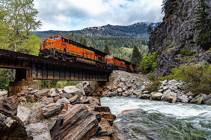 BNSF 3980, a GE ET44C4, is a Tier 4 locomotive, known for meeting the strictest emissions standards. Here it crosses Nason Creek east of Stevens Pass near Merritt, Washington.