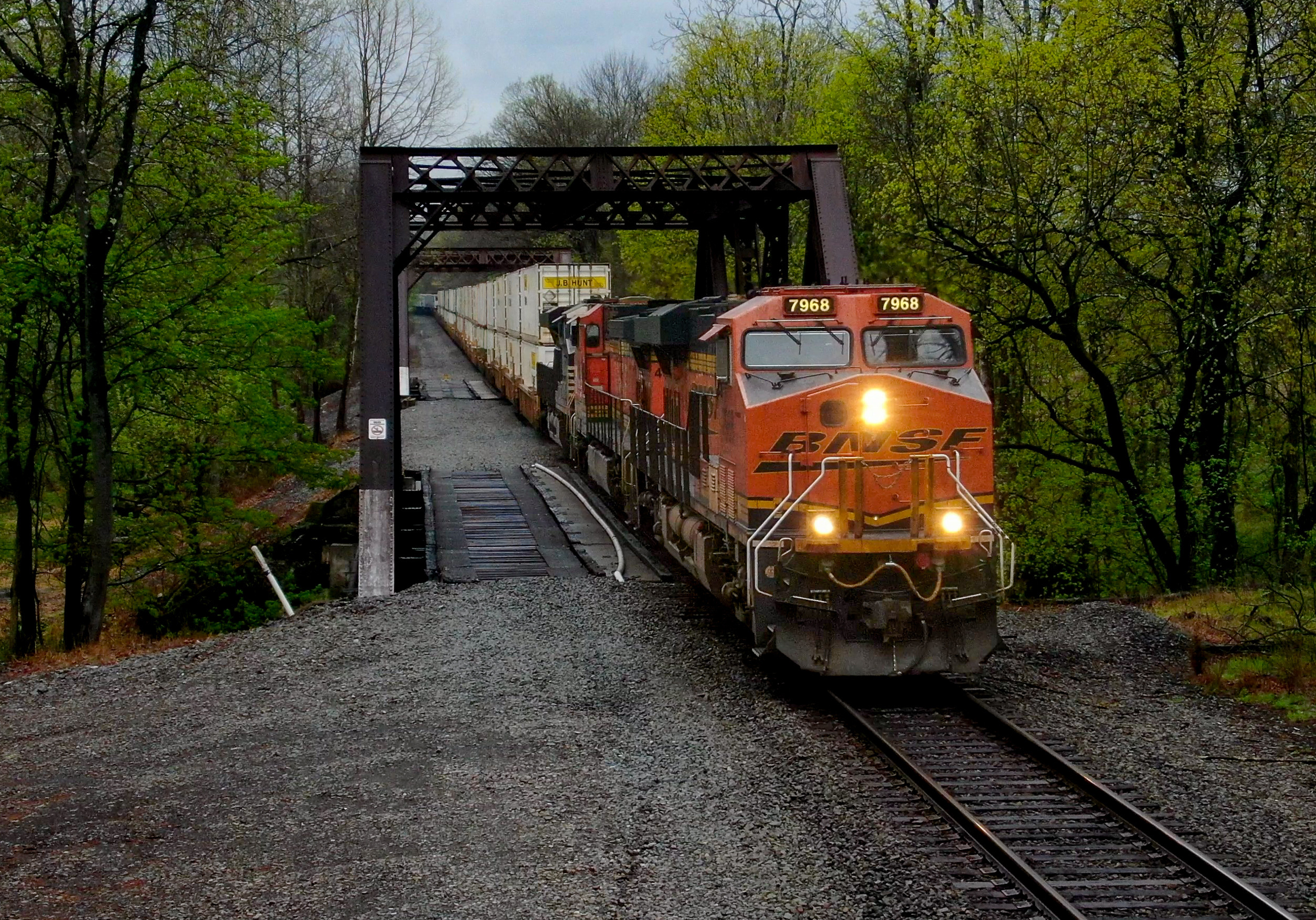 Brian Exley caught this intermodal train at Annandale, New Jersey, with a BNSF locomotive in the lead. 