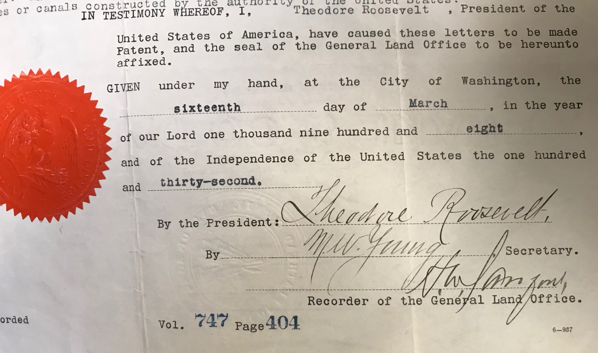 President Theodore Roosevelt signed a land patent providing land near the Grand Canyon Forest Reserve to the Santa Fe Pacific Railroad Company – a holding company for the ATSF – on March 16, 1908.