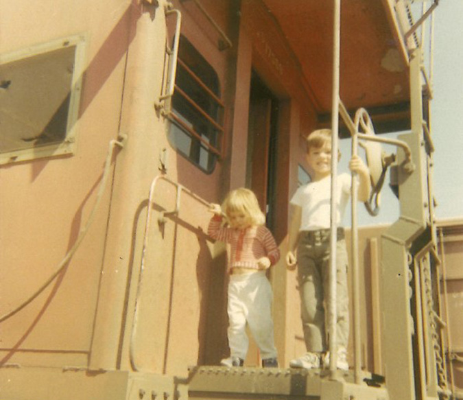 Brett and his sister, Tina, on a Rock Island caboose.